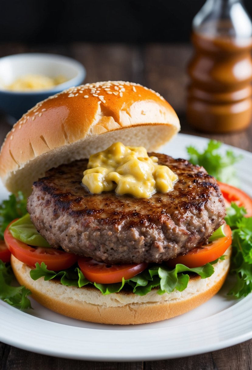 A sizzling burger patty topped with garlic-infused sauce and surrounded by fresh ingredients on a sesame seed bun