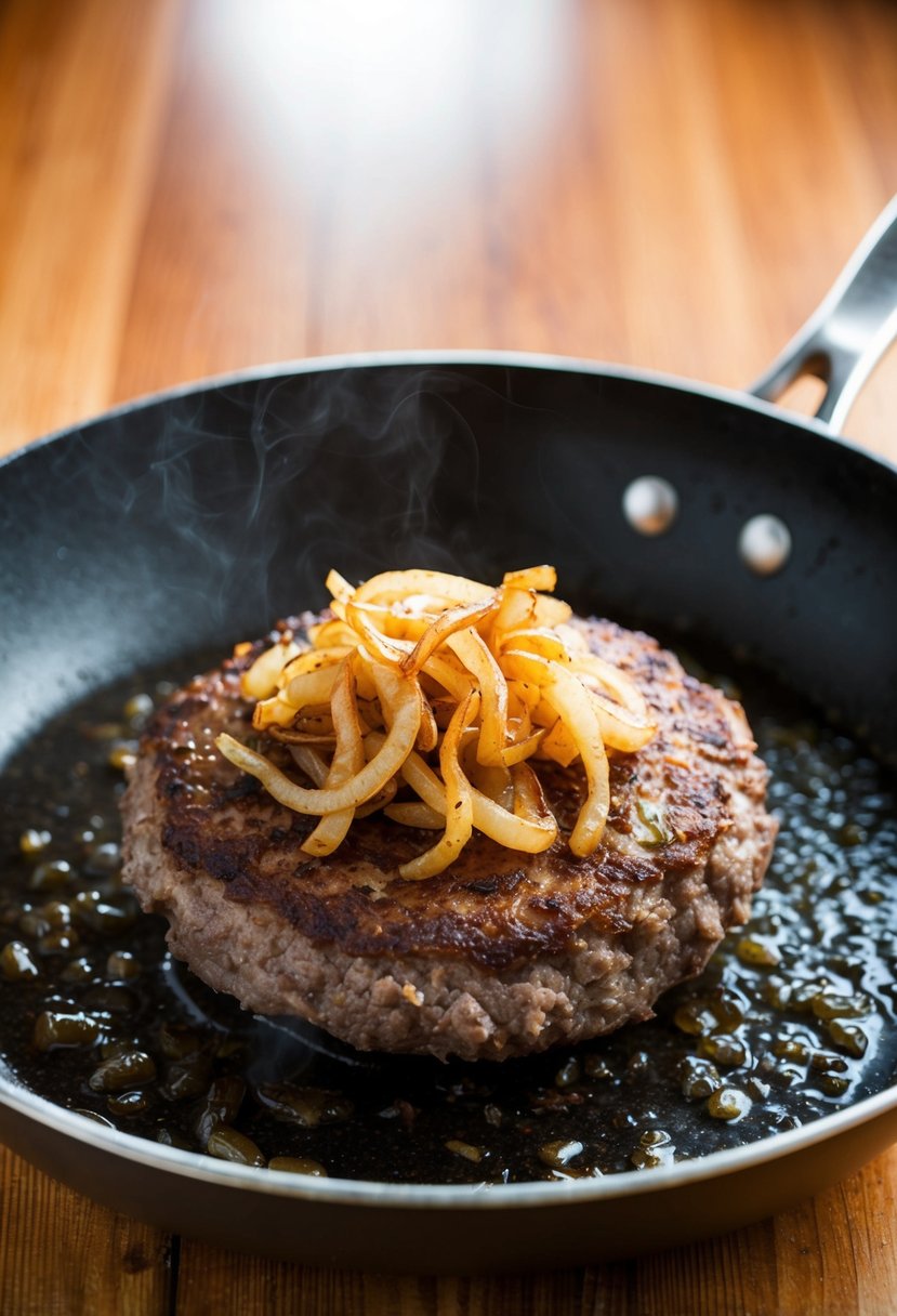 A sizzling patty topped with caramelized onions in a pan