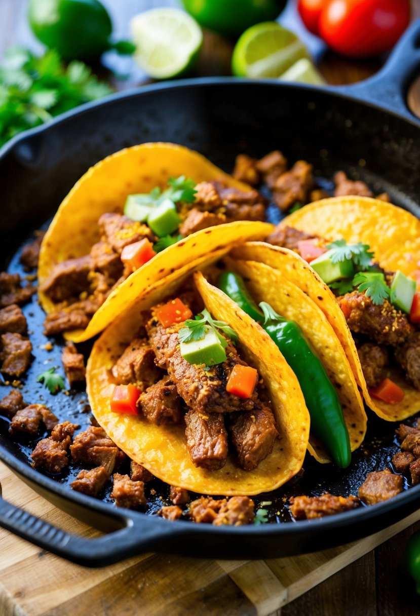 A sizzling skillet of spicy axis meat tacos with vibrant ingredients and a sprinkle of seasoning