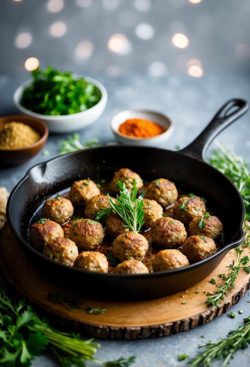 A sizzling skillet of savory axis meatballs, surrounded by fresh herbs and spices