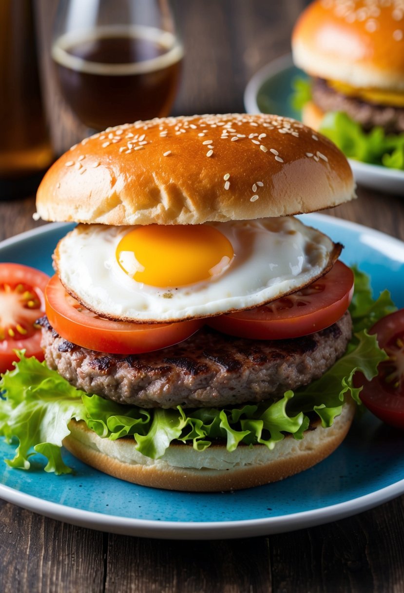 A sizzling burger topped with a perfectly fried egg, surrounded by a bed of fresh lettuce, juicy tomato slices, and a golden sesame seed bun