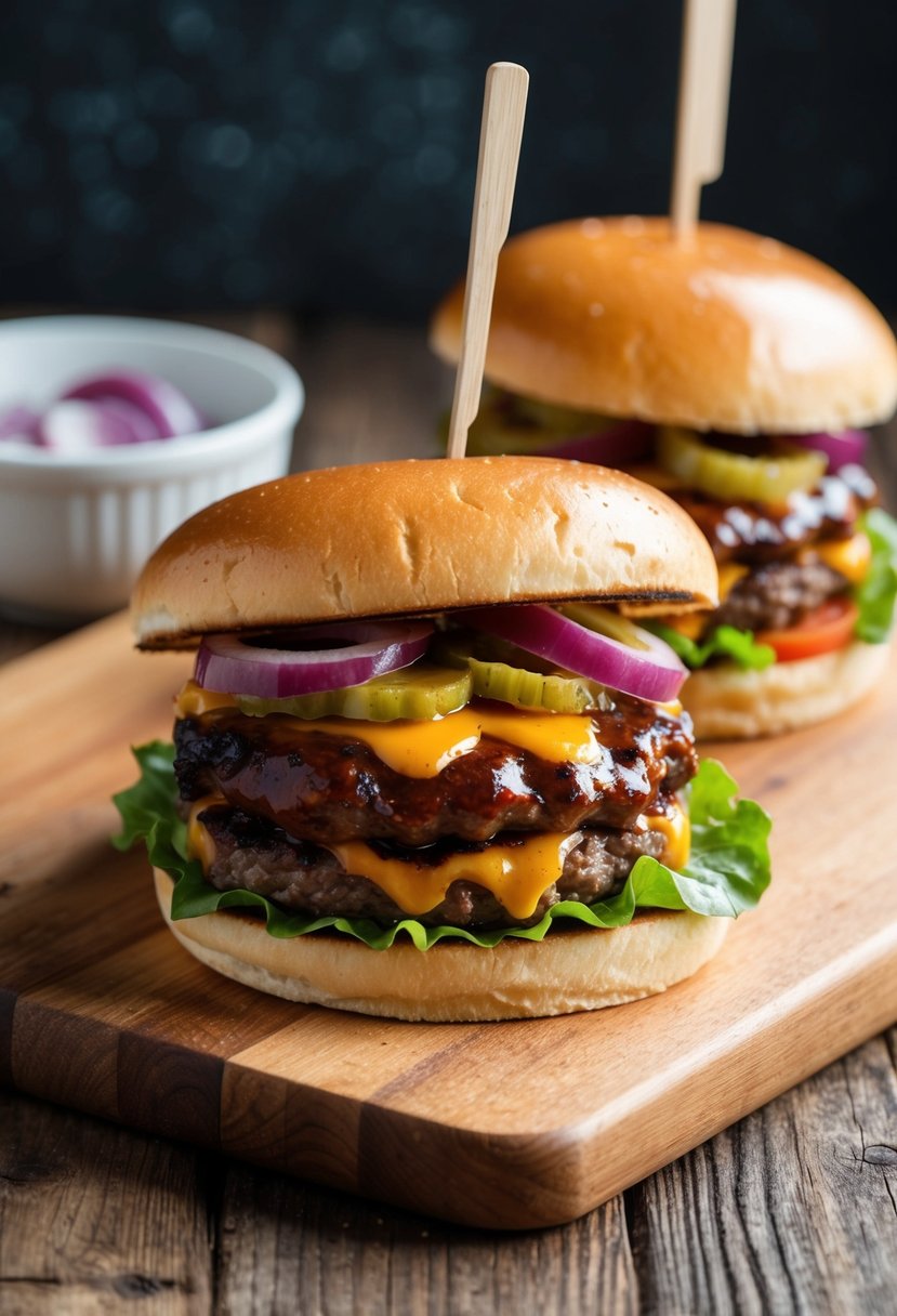 A sizzling BBQ burger with Texas-themed toppings on a wooden cutting board