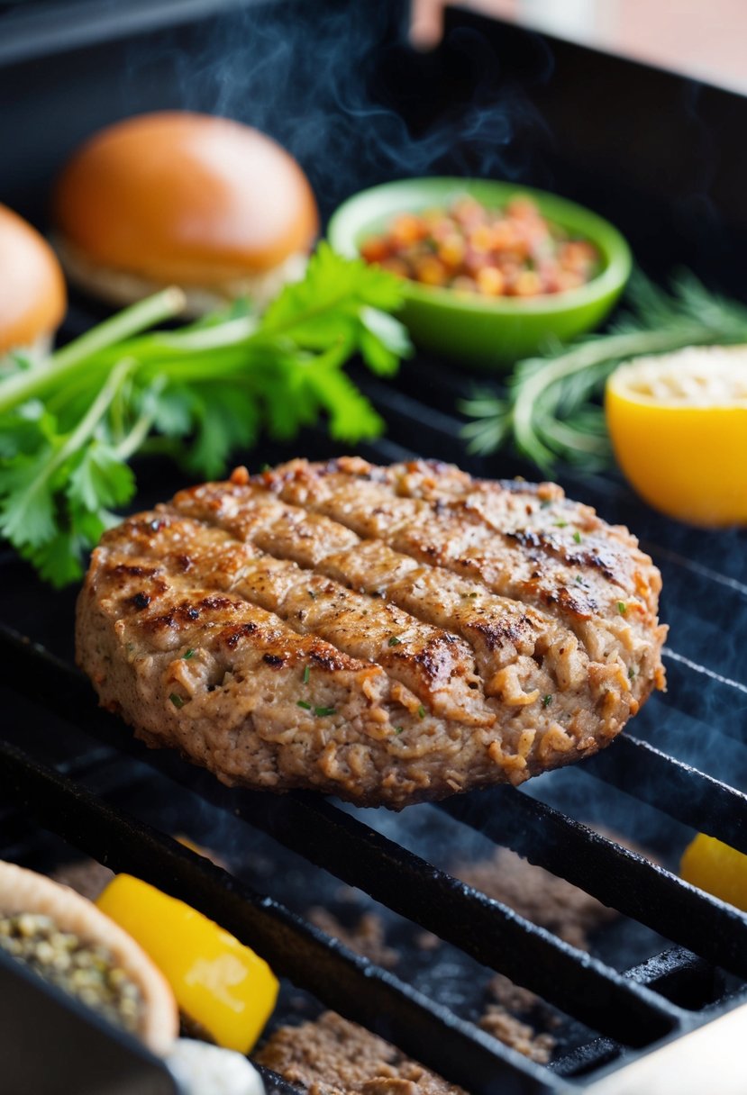 A sizzling burger patty made from ground axis deer meat cooking on a hot grill, surrounded by fresh ingredients and seasonings