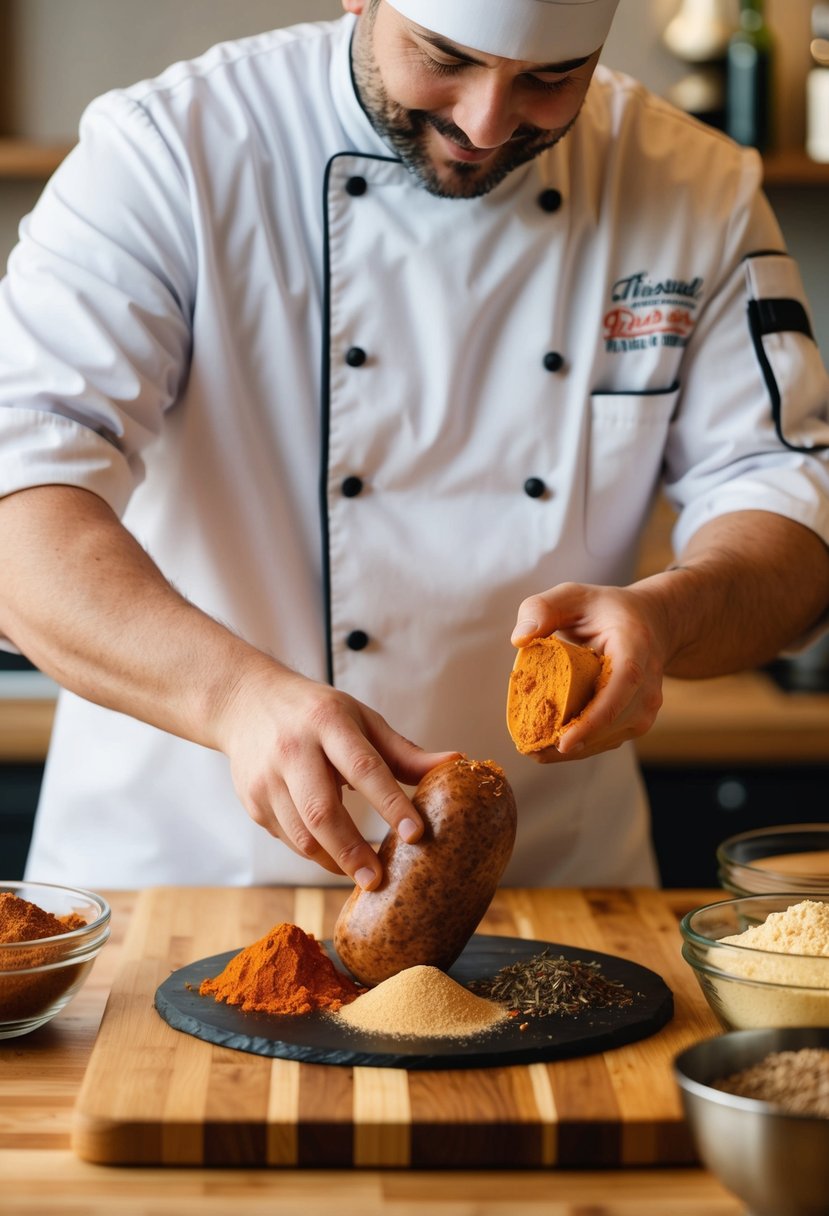 A chef mixing various spices and ingredients to create a unique sausage recipe on a wooden cutting board