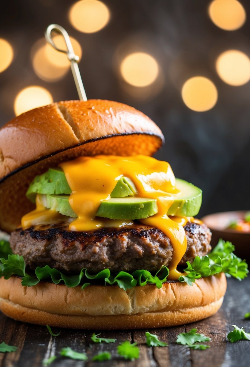 A sizzling burger topped with creamy avocado and melted pepper jack cheese on a toasted bun