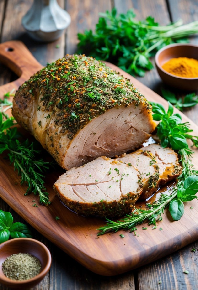 A rustic wooden table displays a succulent herb-crusted axis roast surrounded by fresh herbs and spices