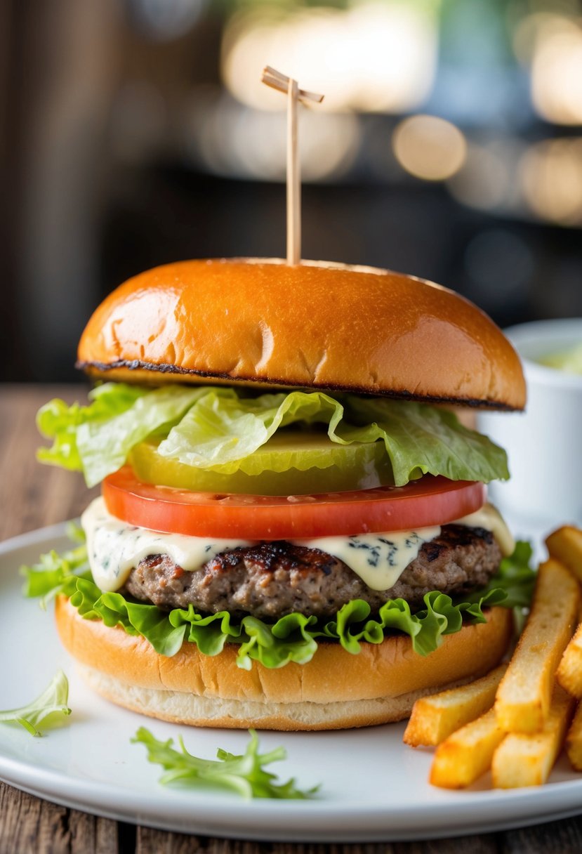 A sizzling blue cheese burger on a toasted bun with lettuce, tomato, and a side of crispy fries