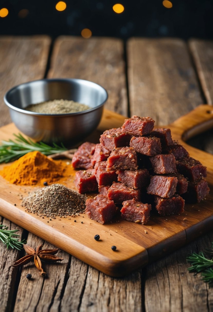 A rustic wooden table with assorted spices and a pile of ground axis meat, ready for jerky preparation