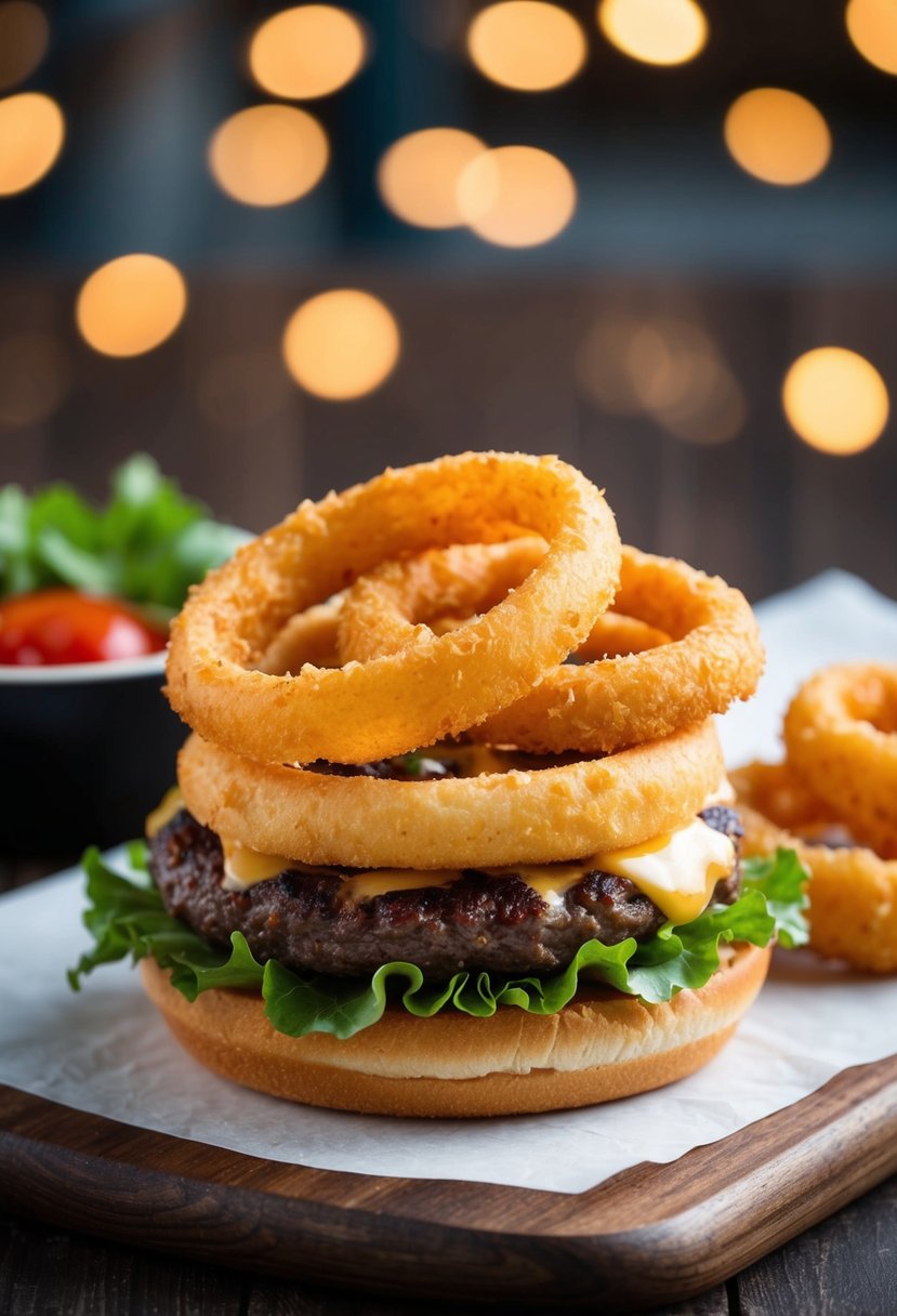 A juicy burger topped with golden crispy fried onion rings