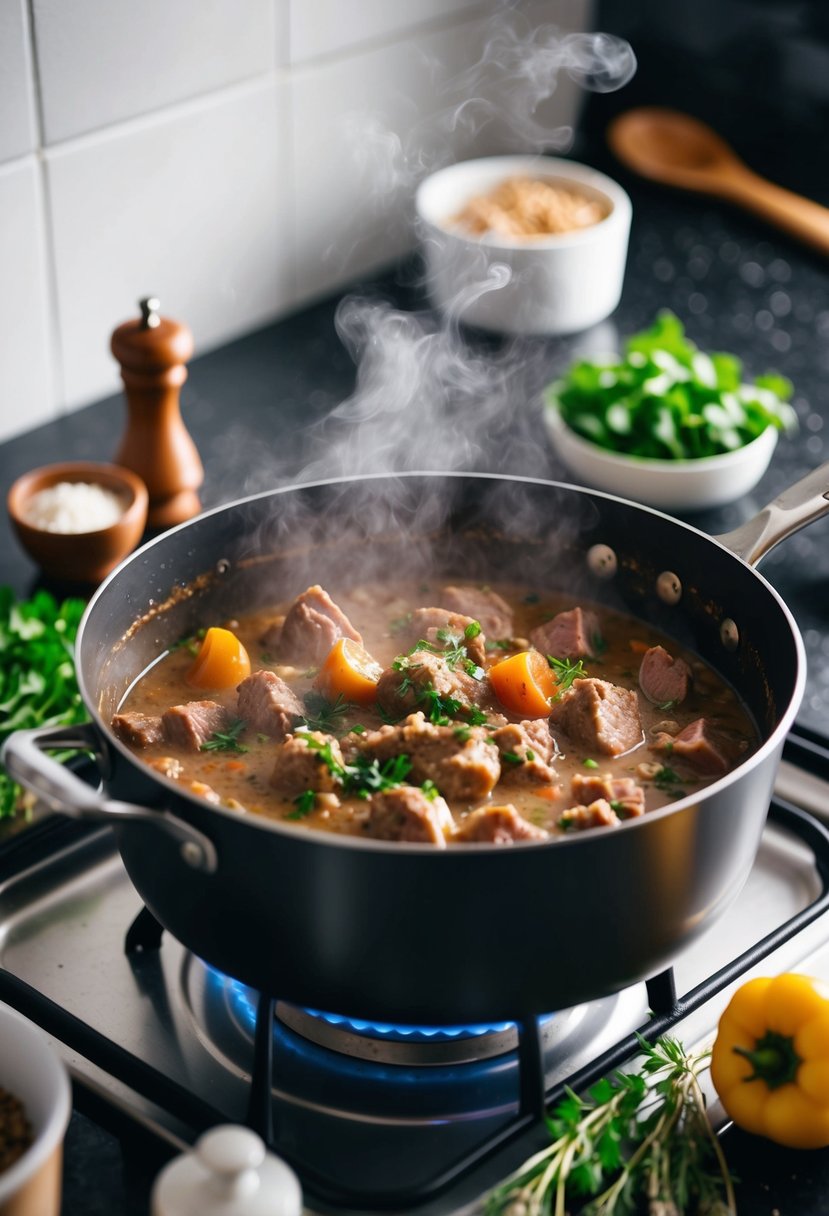 A steaming pot of meat stroganoff simmers on a stove, surrounded by fresh herbs and spices