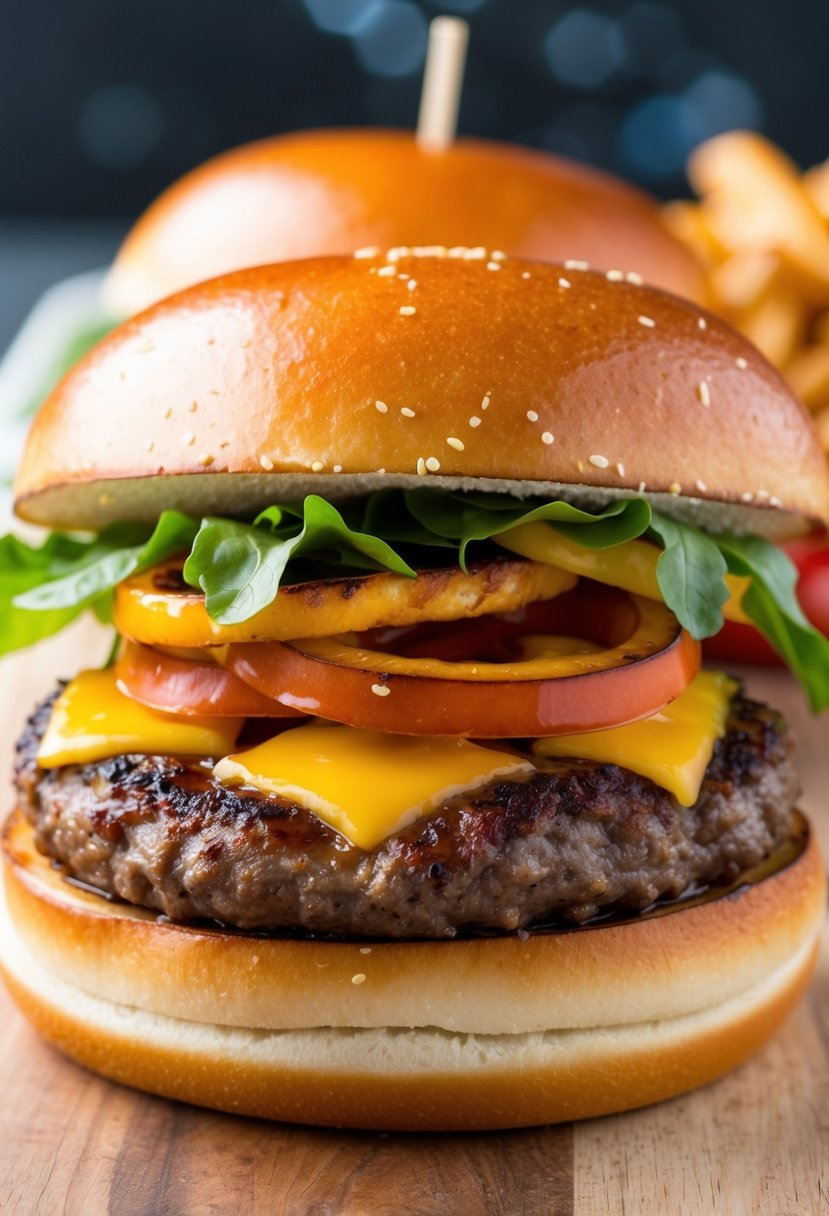 A sizzling burger on a pretzel bun with toppings