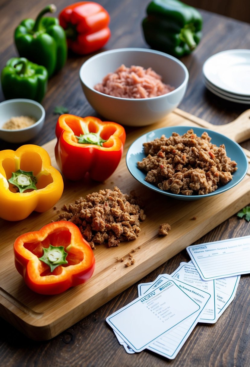 A wooden cutting board with halved bell peppers, a bowl of seasoned ground axis meat, and scattered recipe cards