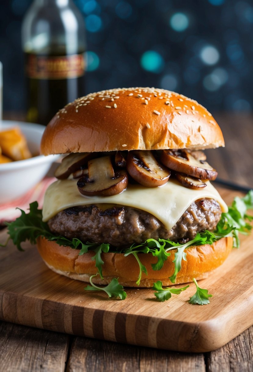 A juicy venison burger with melted Swiss cheese and sautéed mushrooms on a sesame seed bun, served on a wooden cutting board