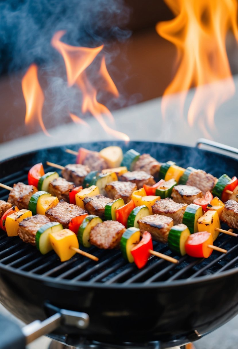 Skewered axis meat and vegetables sizzling over a charcoal grill