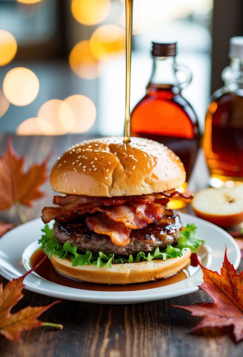 A sizzling bacon burger surrounded by maple syrup and maple leaves