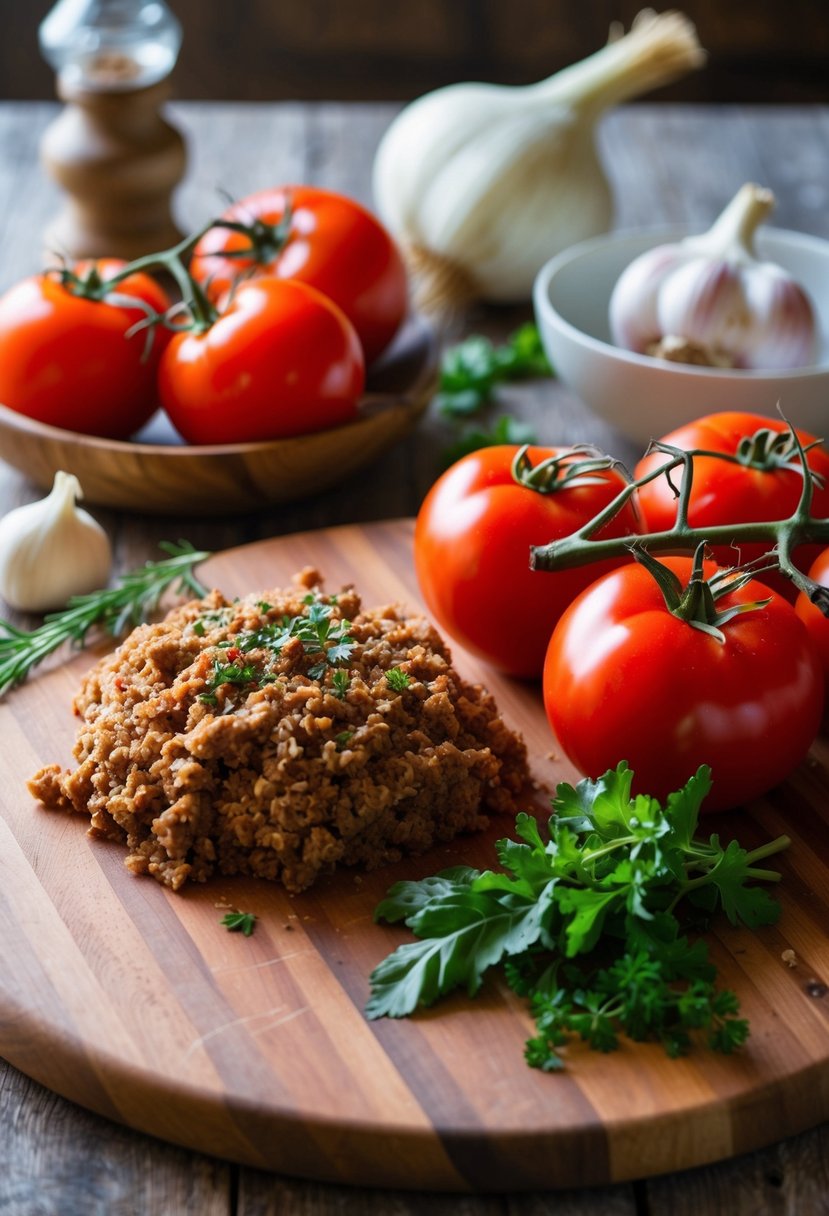 A rustic kitchen with ingredients for Bolognese sauce: ground meat, tomatoes, onions, garlic, and herbs on a wooden cutting board