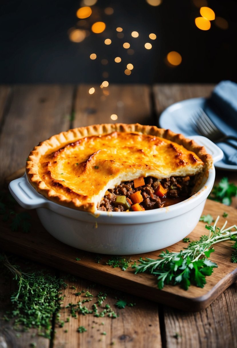 A bubbling Shepherd's Pie sits on a rustic wooden table, surrounded by scattered herbs and spices