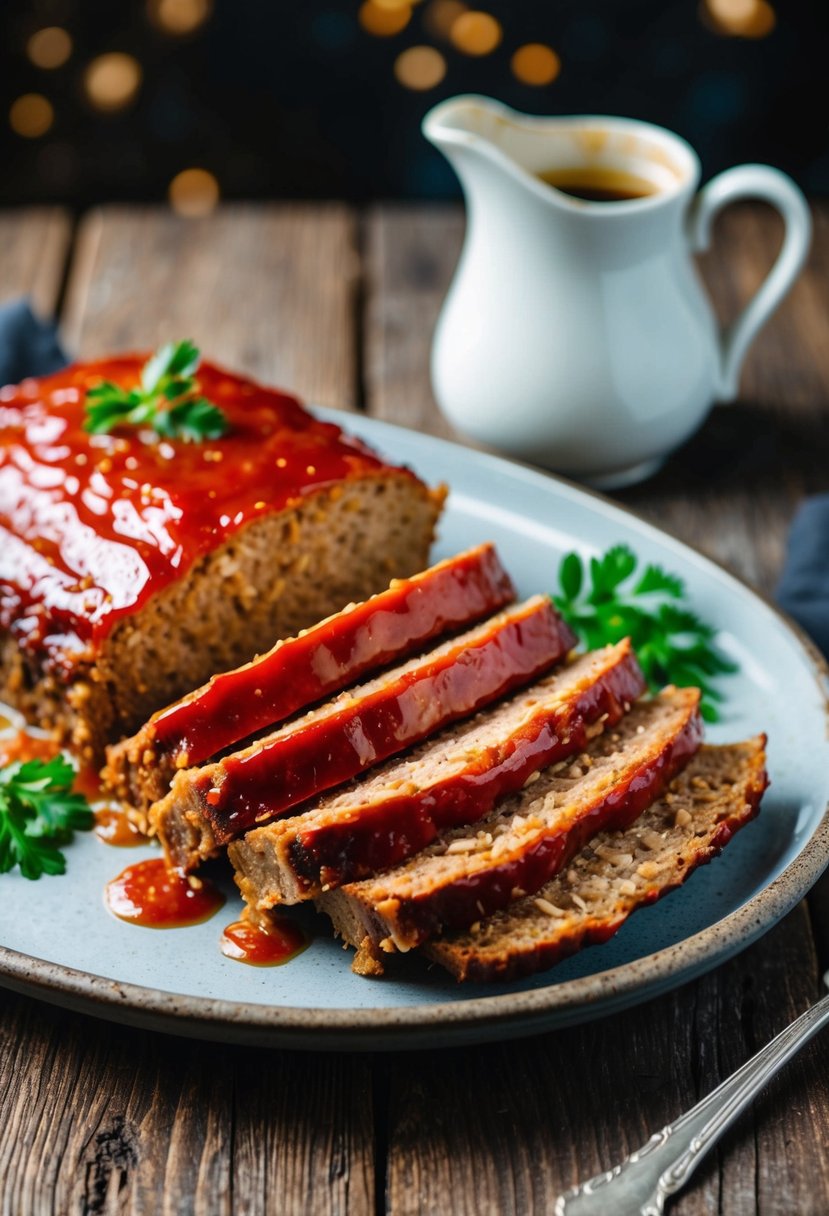 A platter of sliced axis meatloaf with glaze on a rustic wooden table