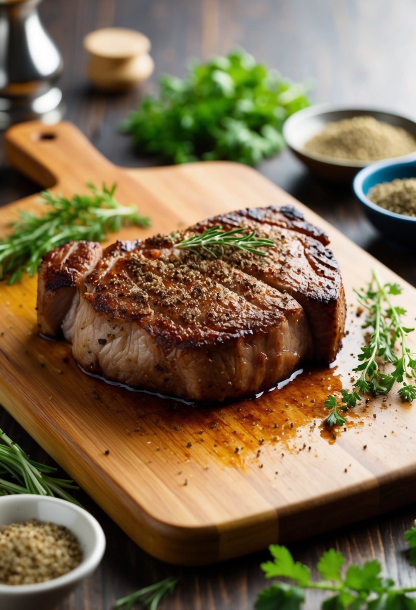 A sizzling pepper-crusted axis steak on a wooden cutting board with fresh herbs and spices scattered around