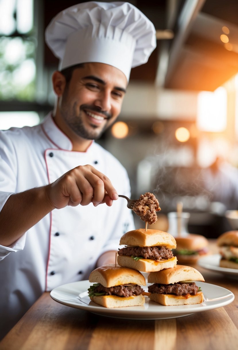 A chef grilling slider sandwiches with ground meat on an axis