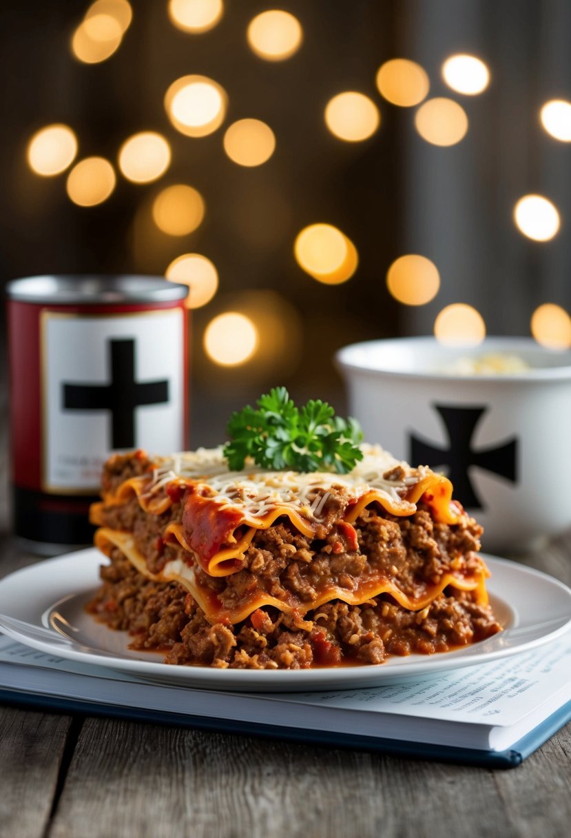 A lasagna recipe book with ground meat and axis symbols