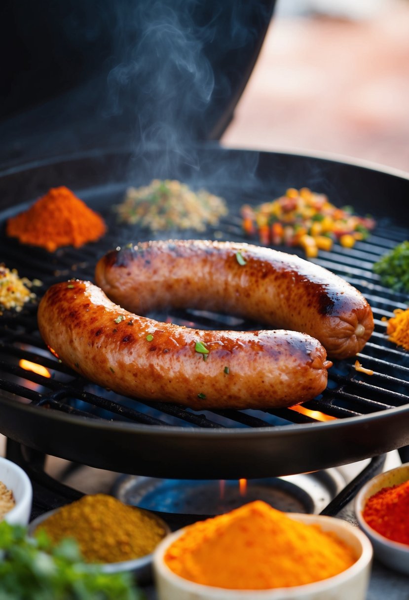 A sizzling Cajun-style axis sausage cooking on a hot grill, surrounded by colorful spices and herbs