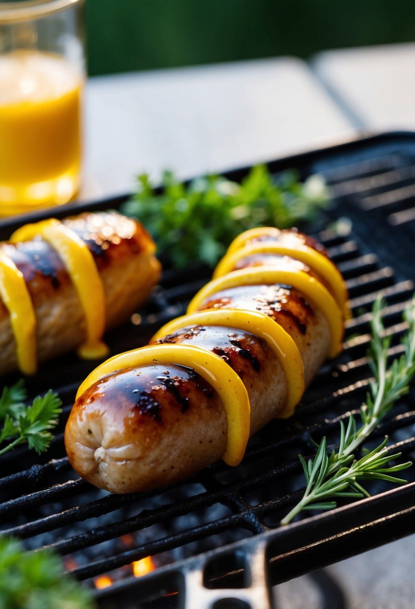 A golden-brown sausage sizzling on a grill, glazed with honey mustard and surrounded by fresh herbs and spices