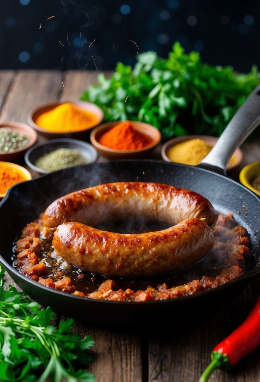 A sizzling chorizo sausage cooking on a hot skillet, surrounded by colorful spices and fresh herbs