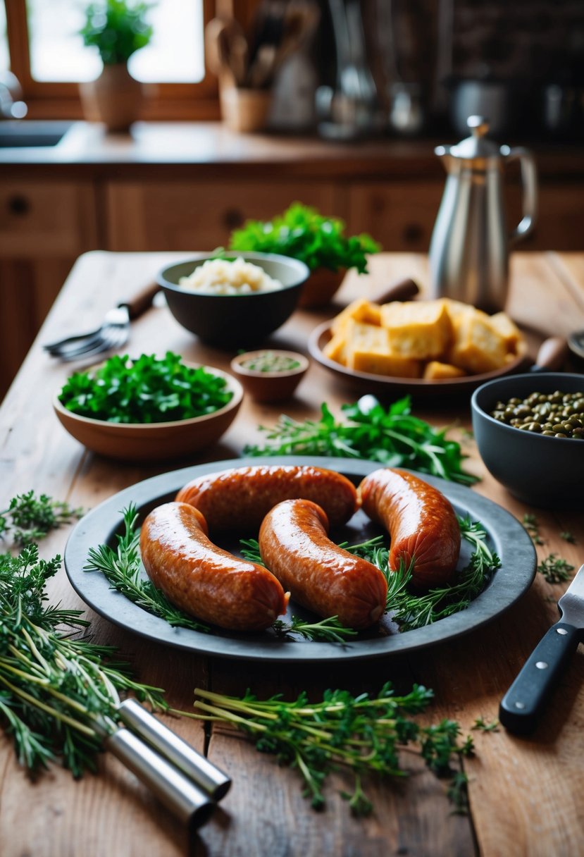 A rustic kitchen table with a platter of classic Italian axis sausage recipes, surrounded by fresh herbs and cooking utensils