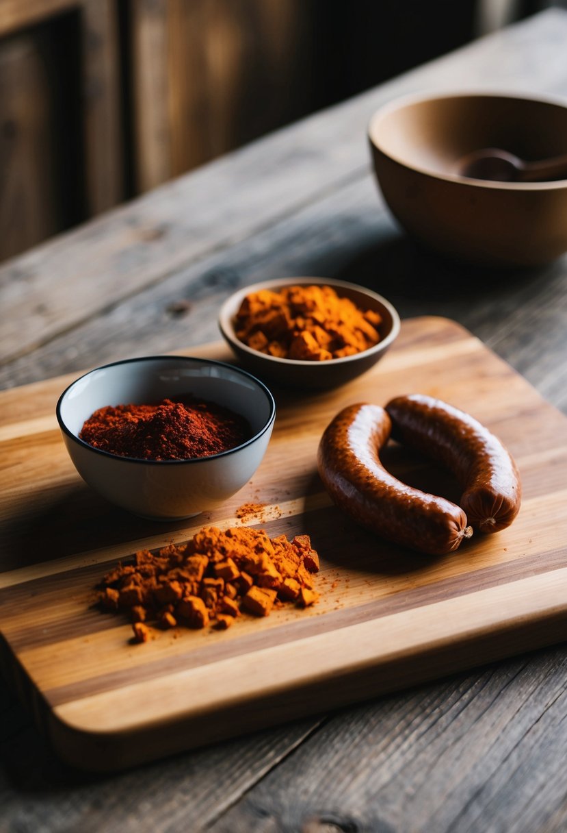 A rustic kitchen scene with a wooden cutting board, a bowl of smoked paprika, and a coil of sausage