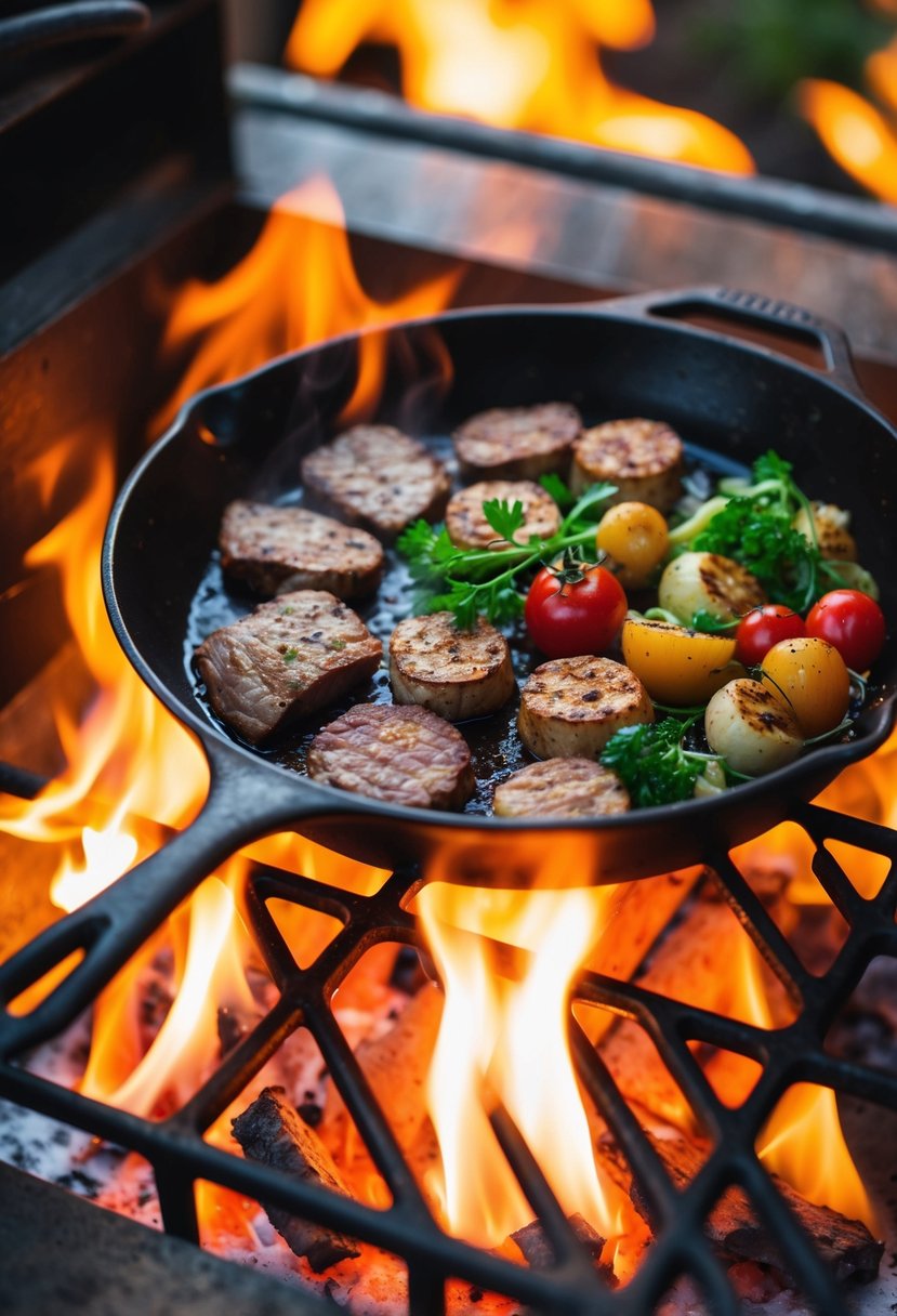 A sizzling skillet of assorted meats and vegetables cooking over an open flame