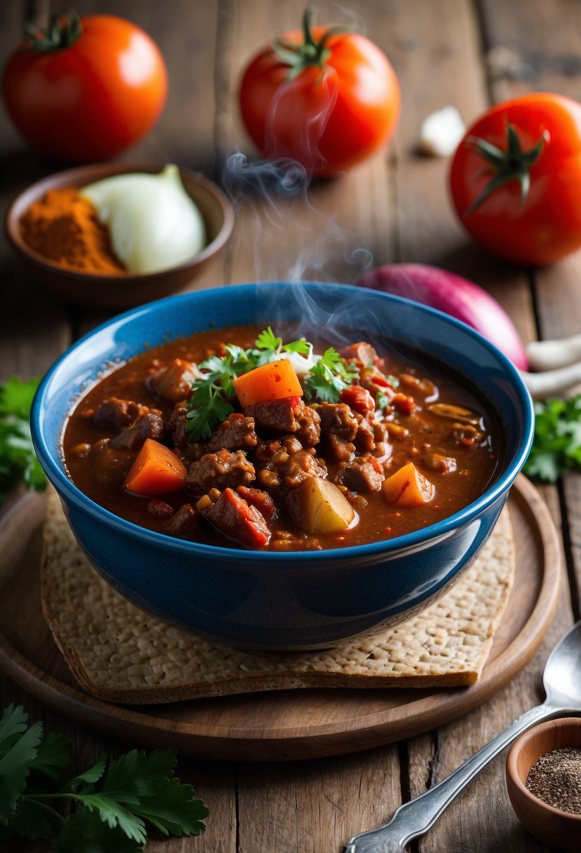 A rustic wooden table with a steaming bowl of venison chili, surrounded by fresh ingredients like tomatoes, onions, and spices