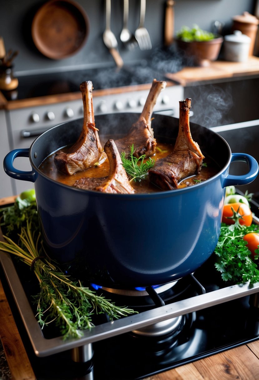 A rustic kitchen with a large pot simmering on a stove, filled with braised axis venison shanks surrounded by aromatic herbs and vegetables