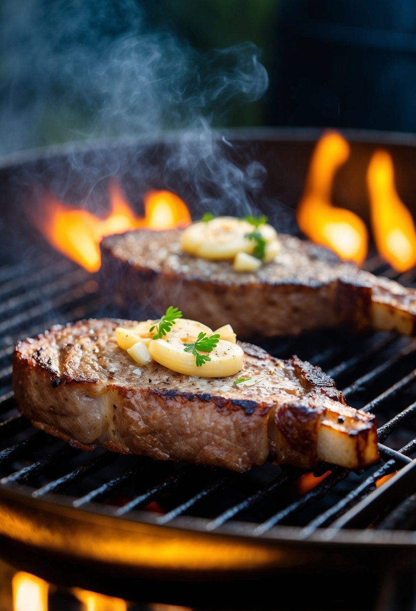 A pair of garlic-stuffed axis backstraps sizzling on a hot grill