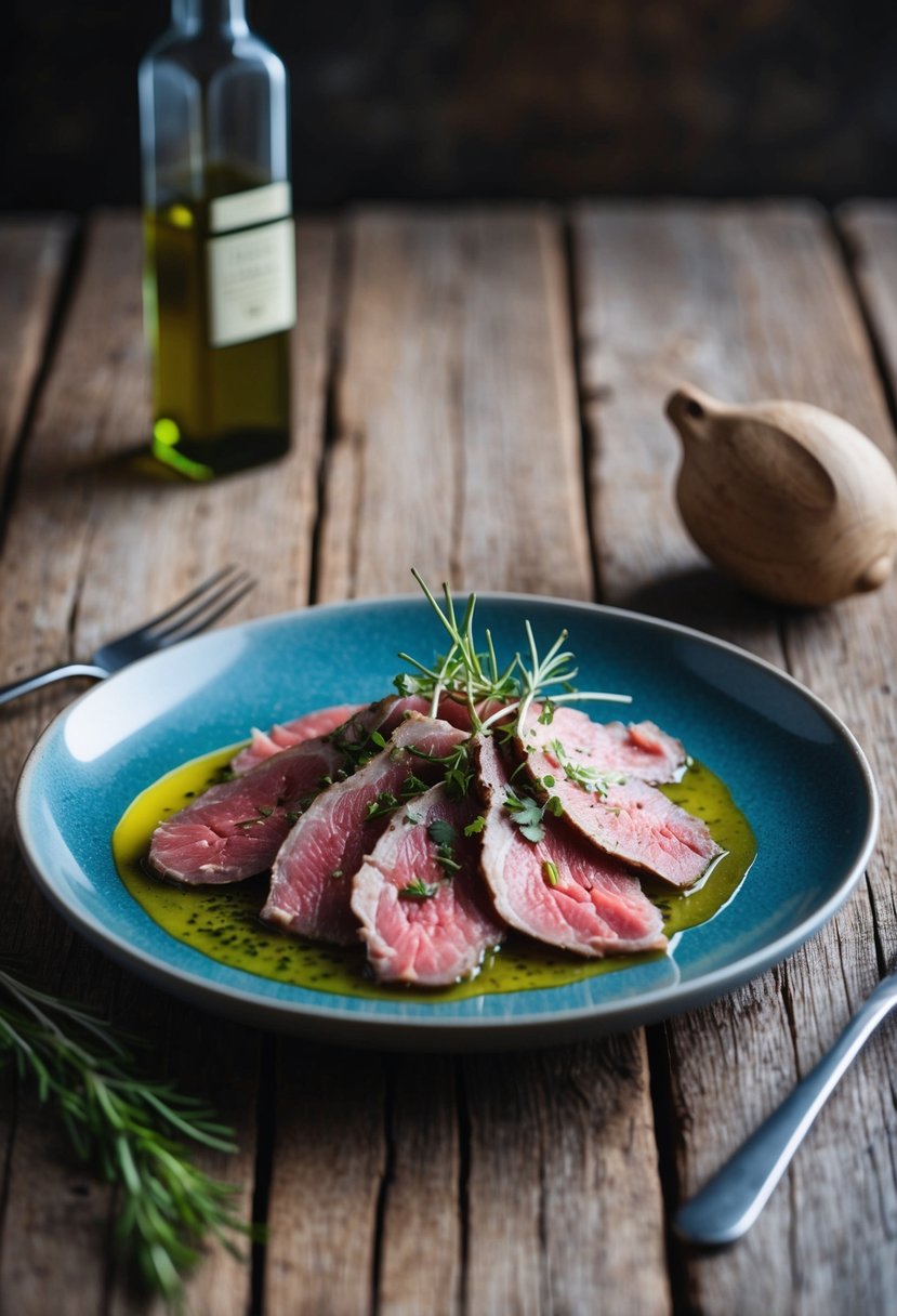 A rustic wooden table with a plate of thinly sliced venison carpaccio, garnished with herbs and drizzled with olive oil