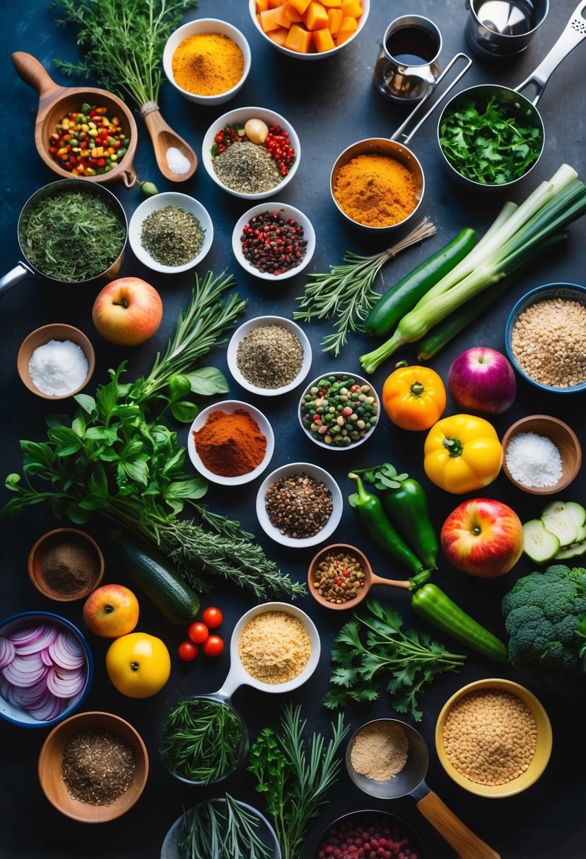 A table filled with various herbs, spices, and cooking utensils, surrounded by colorful ingredients such as fruits, vegetables, and grains