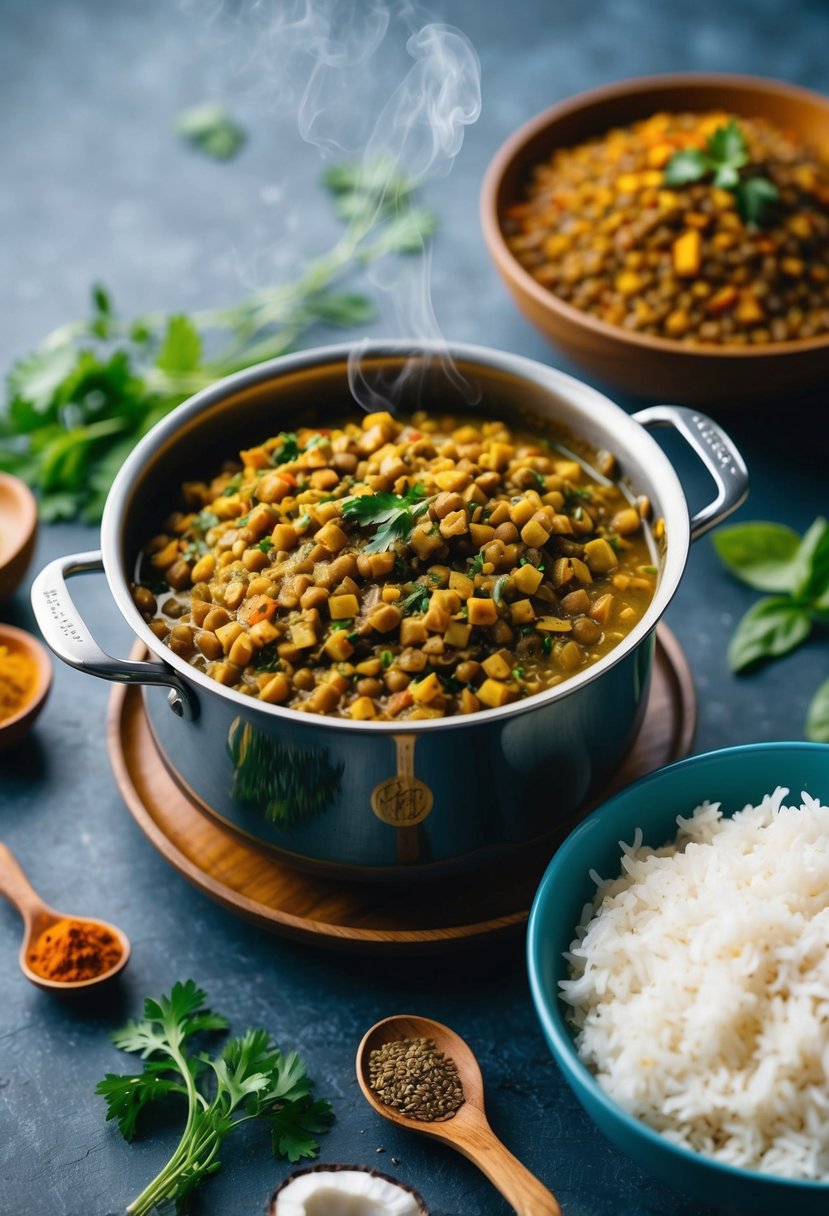 A steaming pot of curried lentils sits next to a bowl of coconut rice, surrounded by vibrant spices and herbs