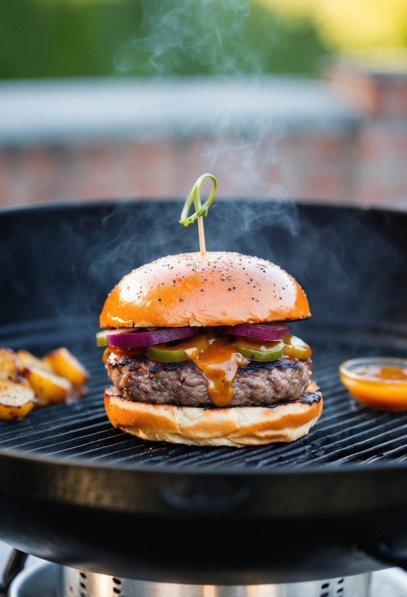 A sizzling venison burger topped with Worcestershire sauce on a grill