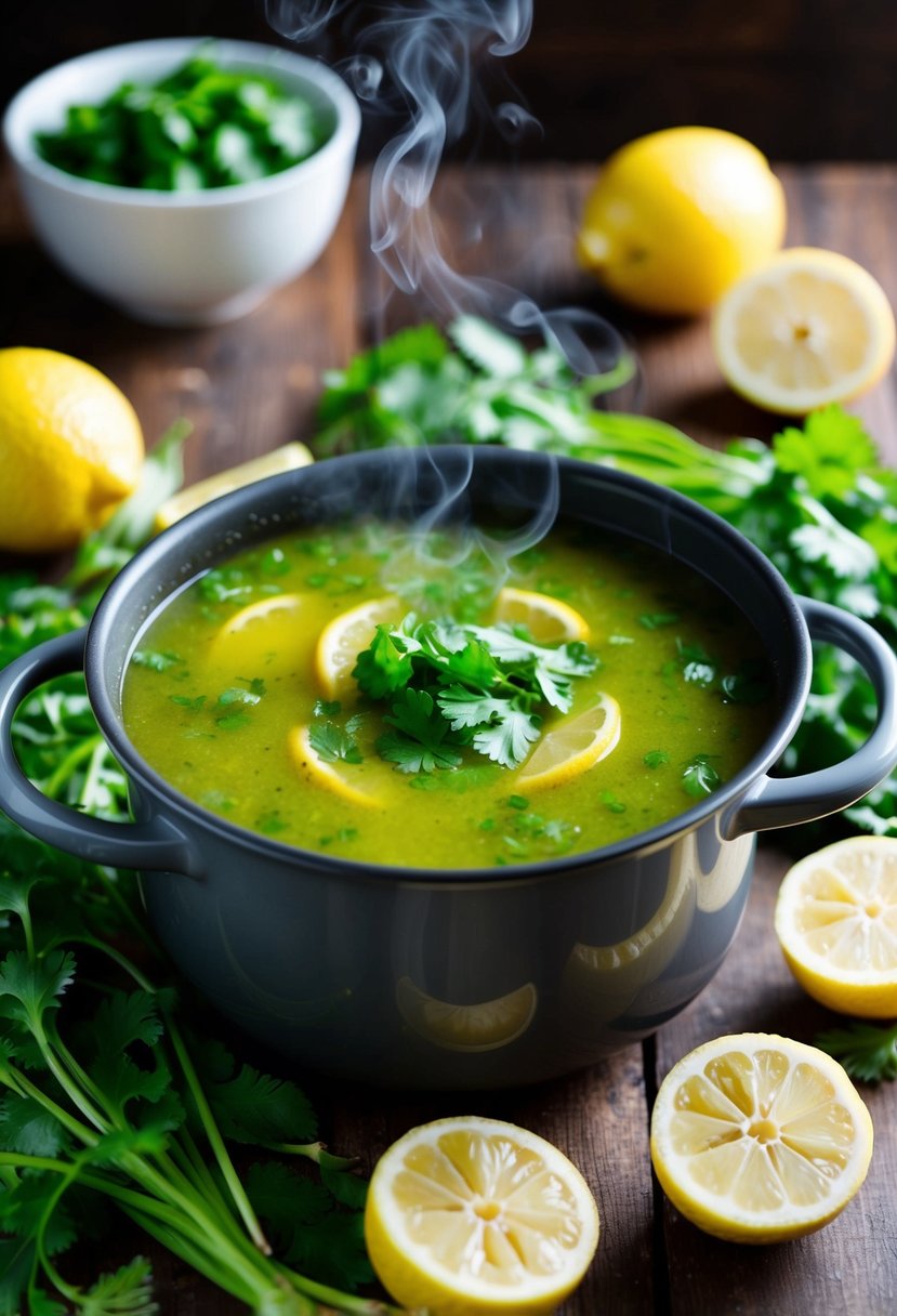 A steaming pot of Lemon Coriander Soup surrounded by fresh coriander leaves and sliced lemons on a wooden table