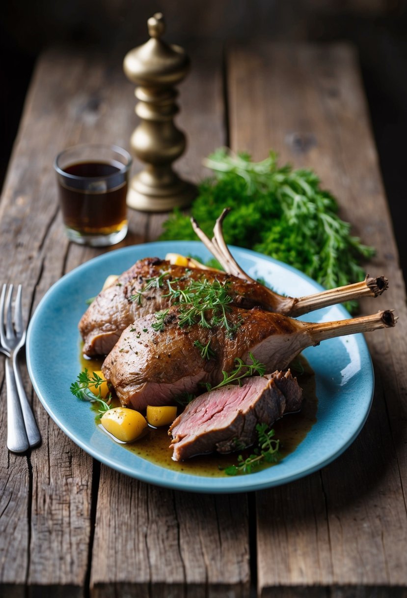 A platter of roasted axis venison, garnished with fresh herbs, sits on a rustic wooden table