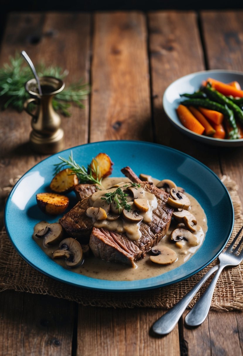 A rustic wooden table set with a plate of tender venison smothered in rich mushroom gravy, accompanied by a side of roasted vegetables