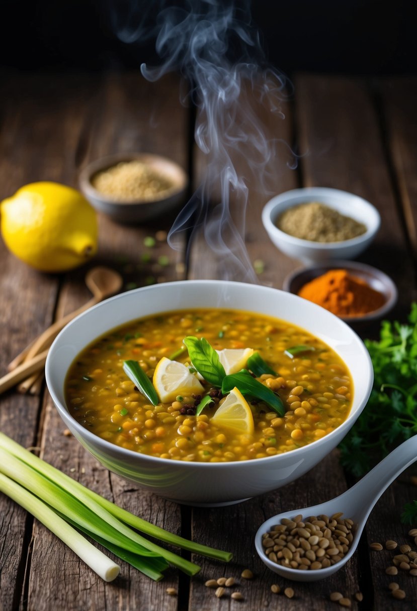 A steaming bowl of red lentil lemongrass soup sits on a rustic wooden table, surrounded by fresh ingredients like lemongrass, lentils, and spices