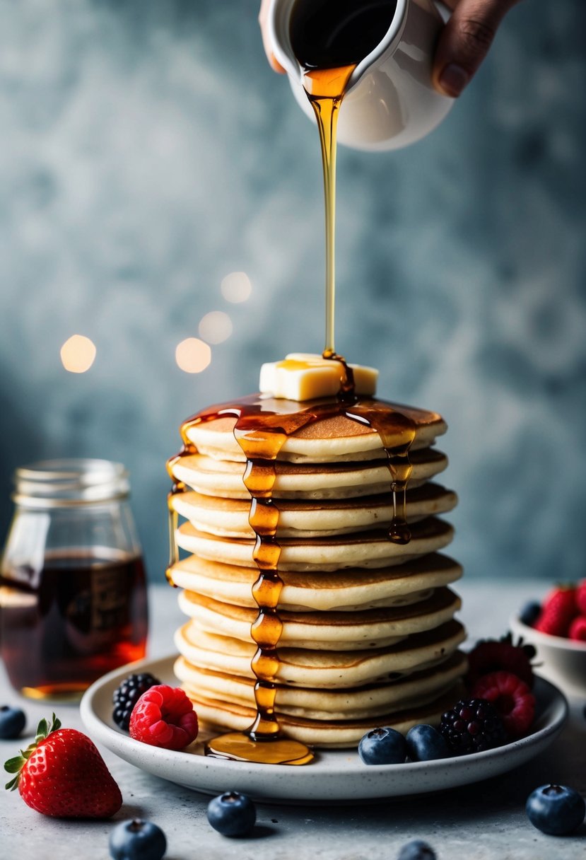 A stack of pancakes drizzled with maple syrup, surrounded by a jar of syrup and a pile of fresh berries