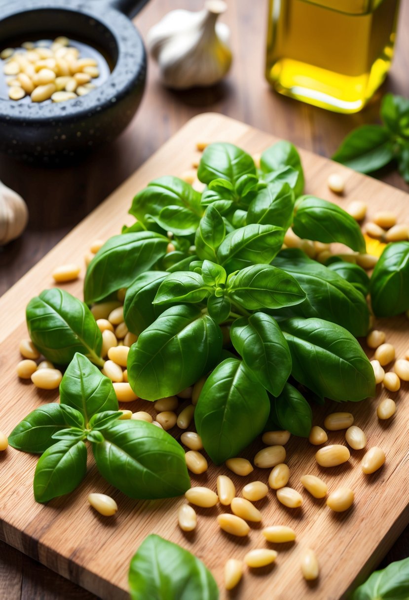 Fresh basil, pine nuts, garlic, and olive oil arranged on a wooden cutting board, surrounded by mortar and pestle