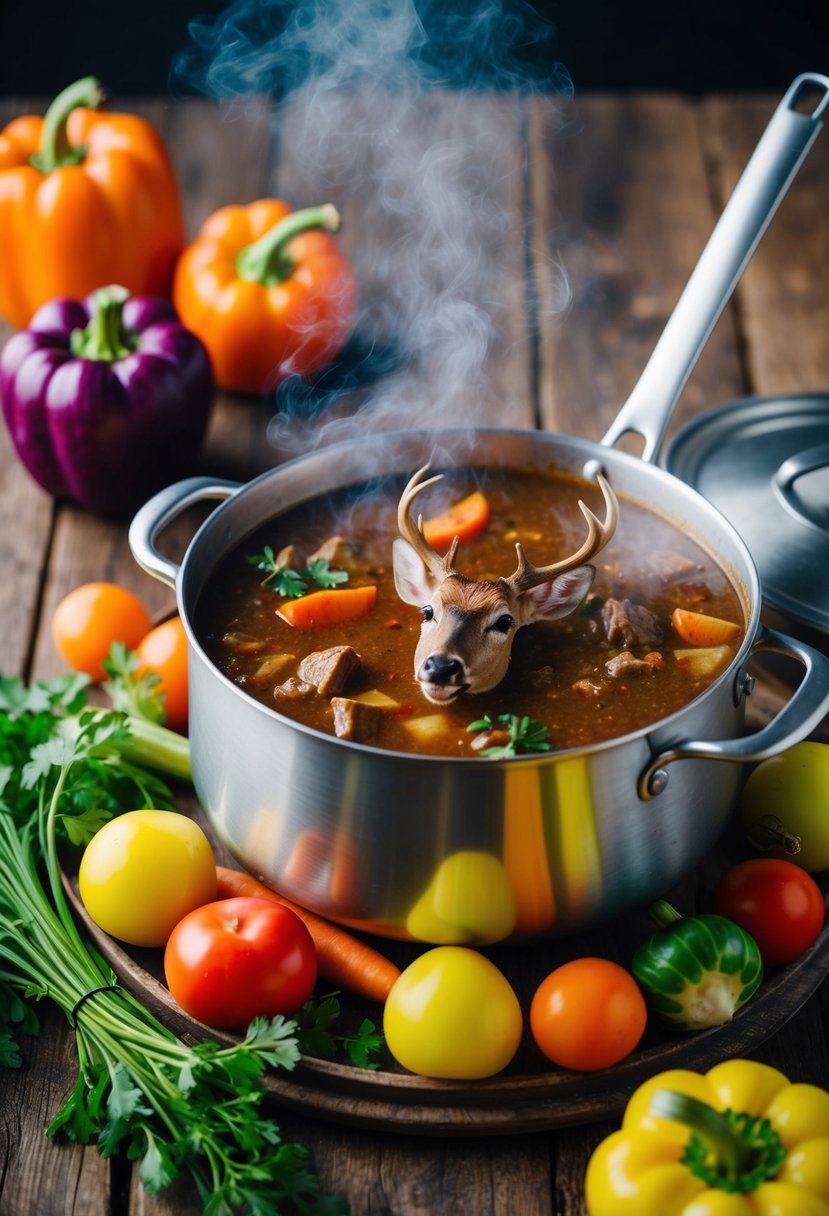 A steaming pot of axis deer stew surrounded by colorful vegetables on a rustic wooden table