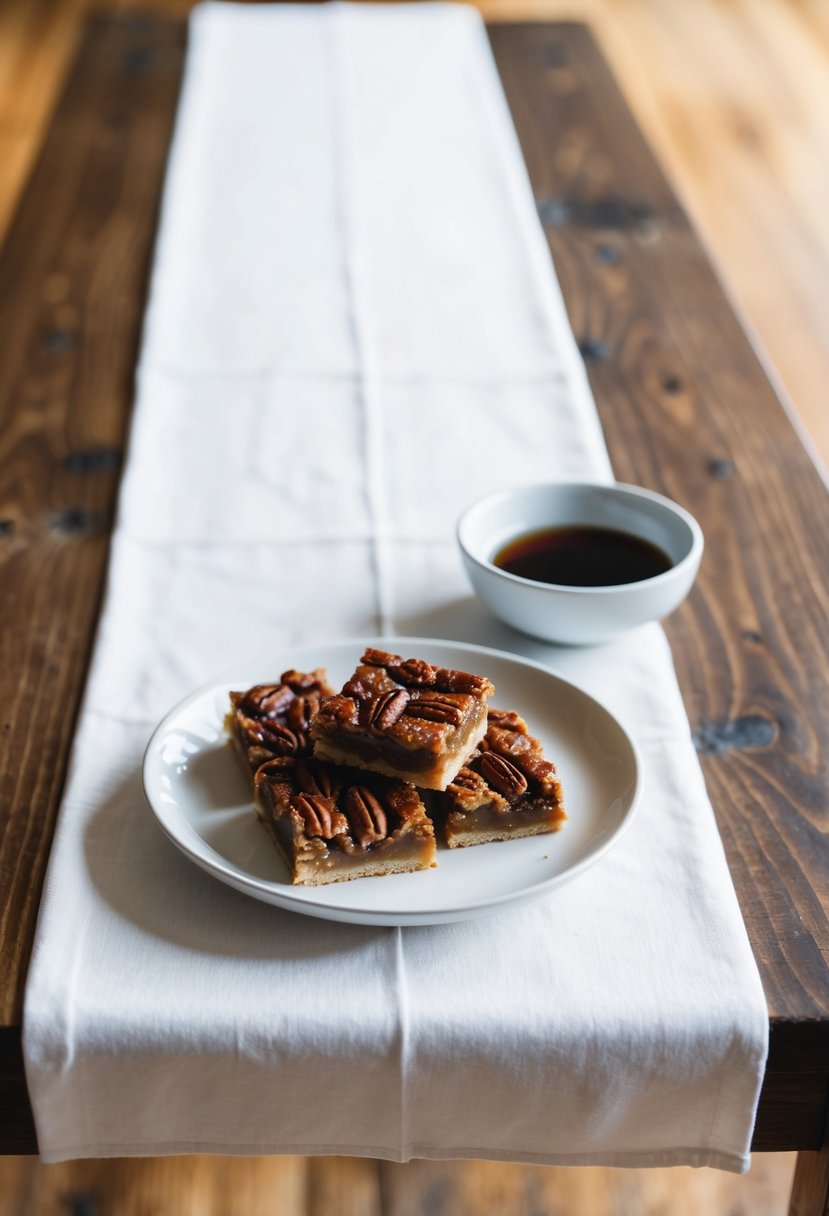 A wooden table covered in a white tablecloth, adorned with a plate of maple pecan pie bars and a small bowl of maple syrup