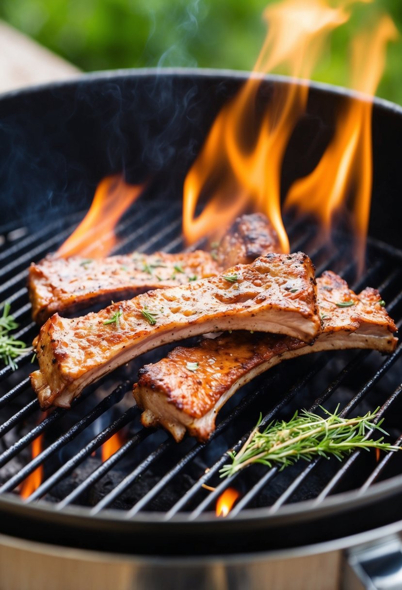 A sizzling grill with juicy BBQ axis deer ribs, surrounded by herbs and spices