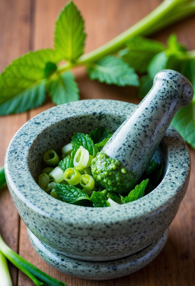 A mortar and pestle crushing scallions and mint leaves into a vibrant green paste