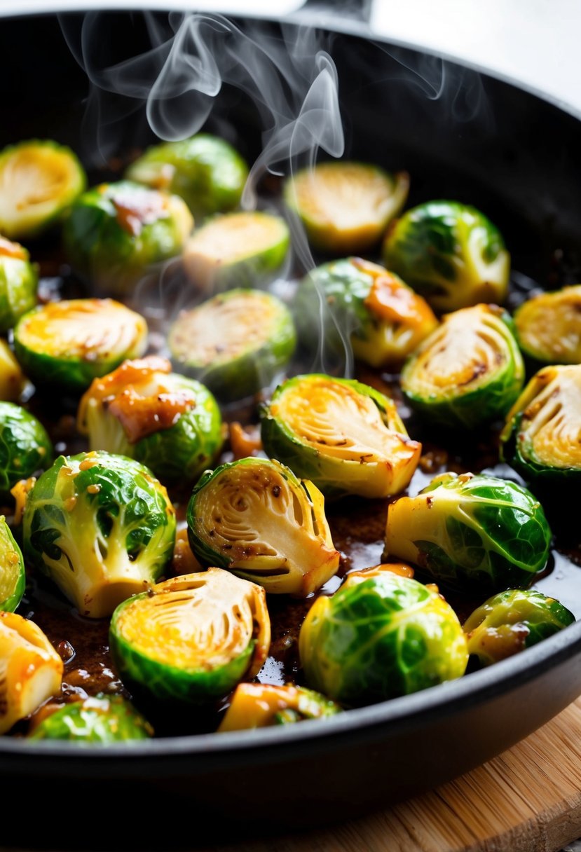 A skillet of Brussels sprouts caramelizing in a rich maple glaze, steam rising from the sizzling vegetables