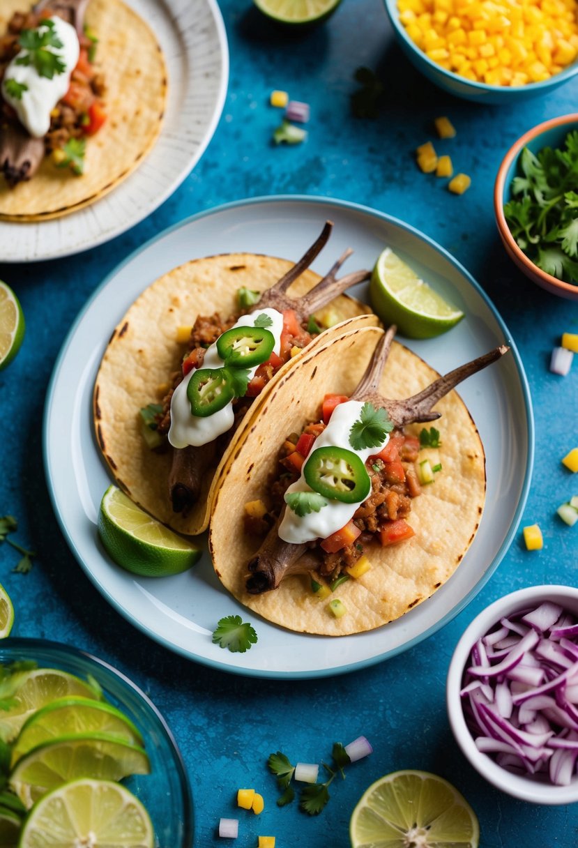 A plate of axis deer tacos with salsa, surrounded by colorful ingredients and garnishes